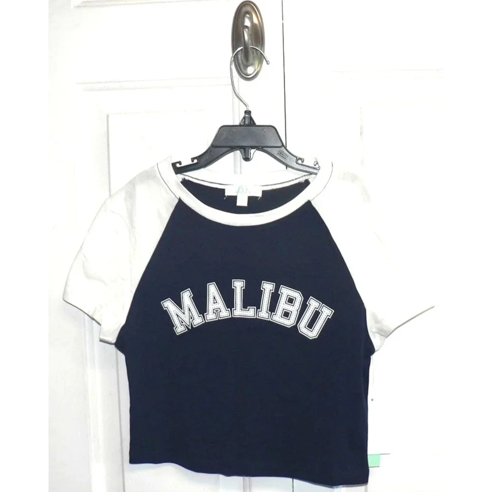Abound Women's Graphic Print Short Sleeve Crew Crop Top Navy Blazer Malibu Small